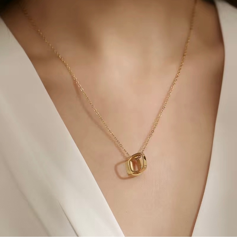 Elegant Charm Necklace Double Square Shaped Stainless Steel Pendant